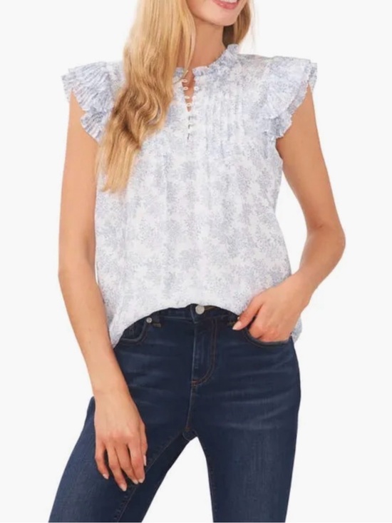 CeCe Tops - CeCe Light Blue Floral Ruffle Sleeve Women's Top